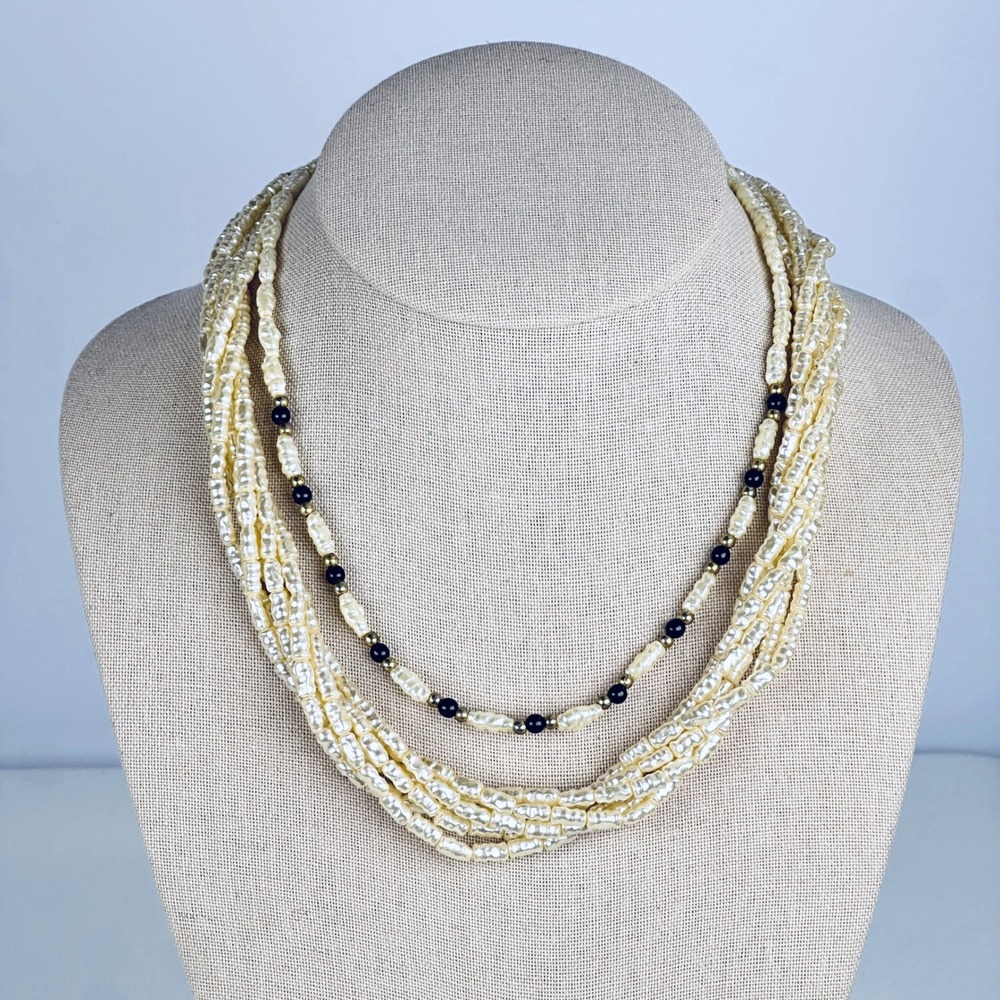 Vintage 1980s 2 Piece Cream Gold Multi Strand Faux Rice Pearl Necklace Set